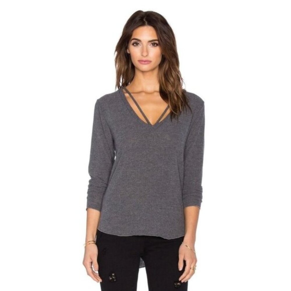 LNA Strappy Sweater Top Charcoal Grey XS neutral minimalist coastal fuzzy soft
